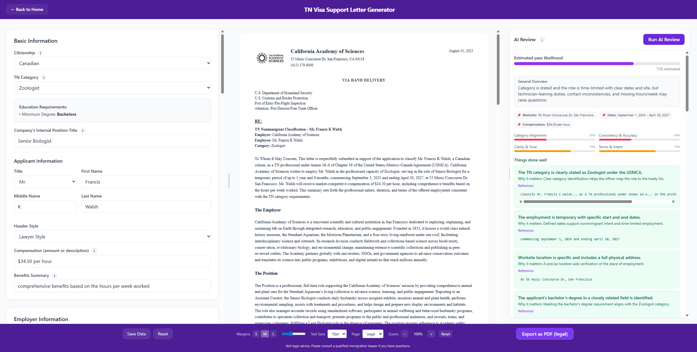TN Support Letter Editor interface showing the form, preview, and AI review panels